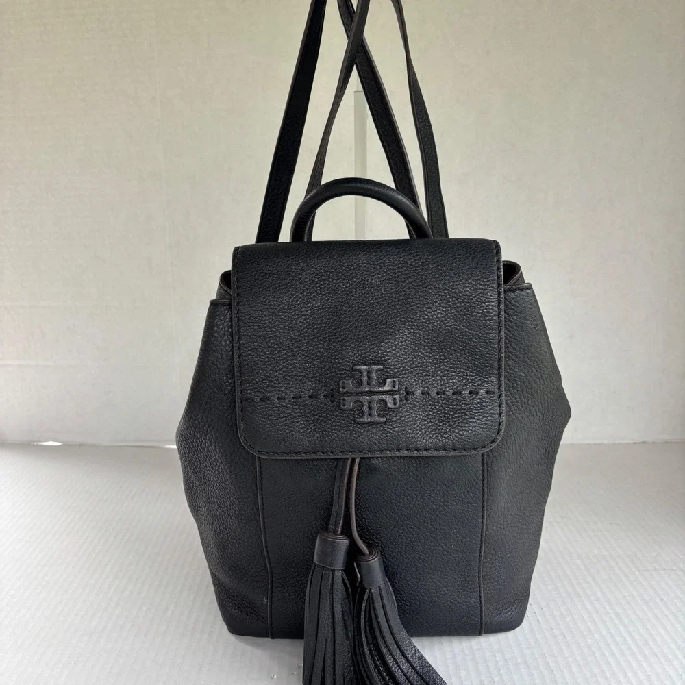 Tory Burch Thea Mini Backpack‎ Black Pebbled Leather Tassel Drawstring Bag